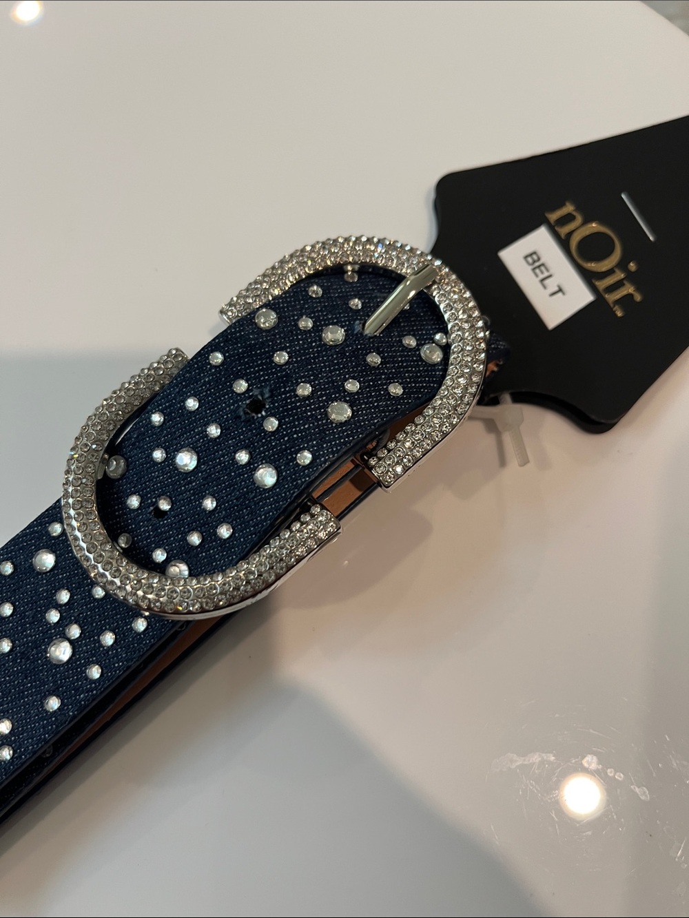 nOir Jewelry Denim Crystal Buckle Belt - Blue & Silver